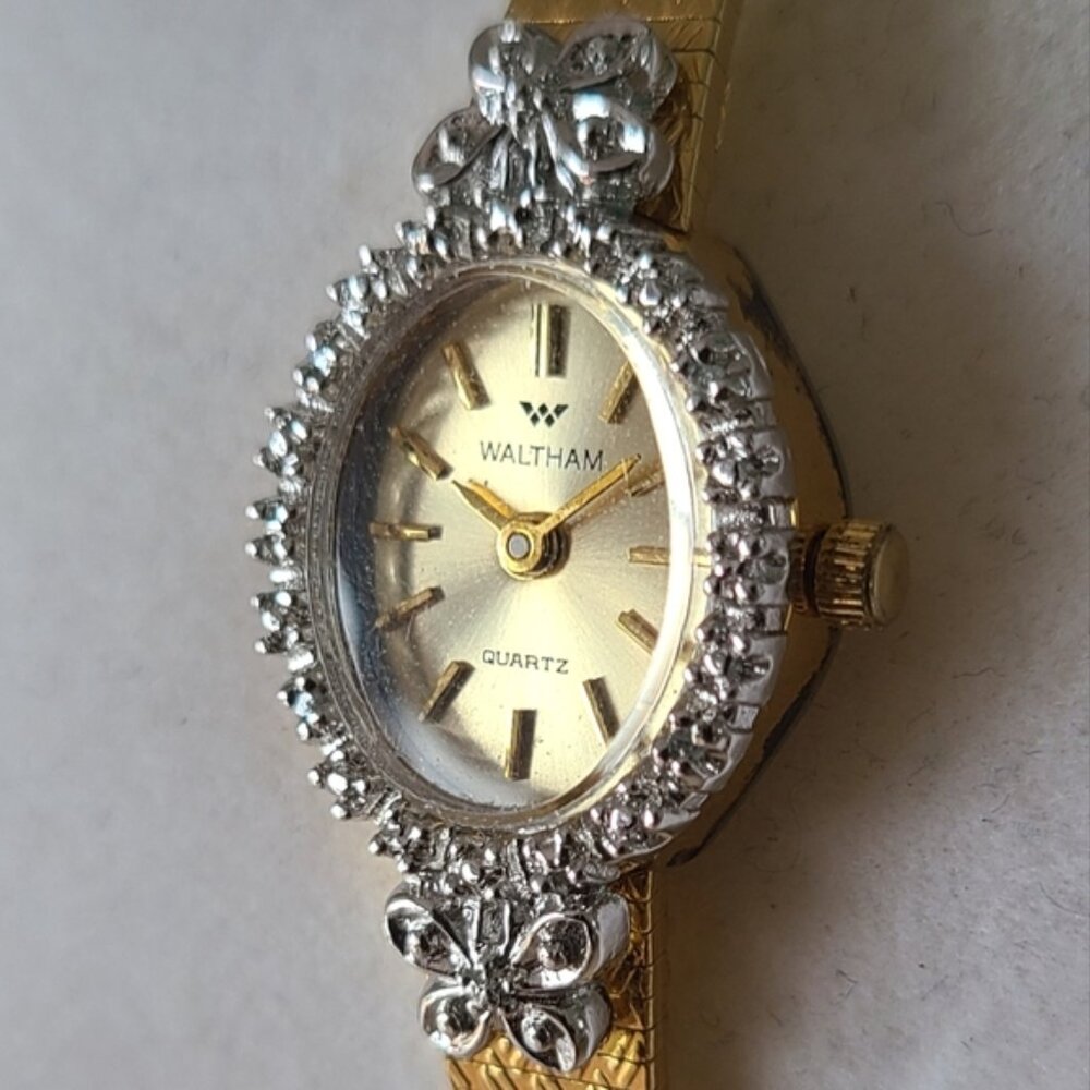 WALTHAM Vintage cocktail gold watch with silver bezel circa 1960s 70s - Picture 5 of 14